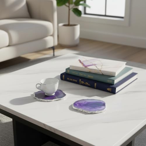 Image of Natural Agate Stone Tea Coasters Set | Premium Stone Coasters for Tea, Coffee & Glass | Heat Resistant Coasters for Dining Table, Office Desk & Home Decor | Pack of 2 | Color -Purple