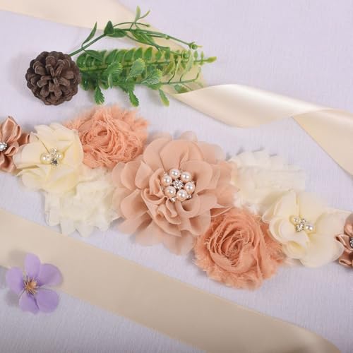 Flower Maternity Sash Belt, Wedding Bridal Belt Sash with Flower Rhinestone Pearl for Bride Bridesmaid Maternity Flower Dress (E)3