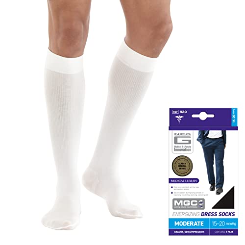 Neo G Dress Compression Socks Men for Daily Wearing. Knee High Mens Compression Socks Light 14-18mmHg graduated compression for everyday wearing & during long periods of inactivity - White - M