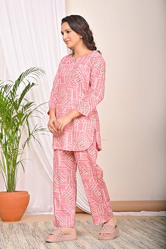 Image of Amazon Brand - Tavasya Women Cotton- Rayon Printed Kurti with Pant Co-Ord Set | Soft Comfortable Straight Fit Ethnic Kurta Set | 3 /4 Sleeves V-Neck Daily, Office & Casual Wear