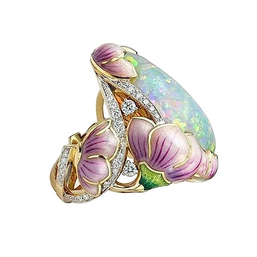 Bague opale réglable pour femme avec motif floral plaqué or