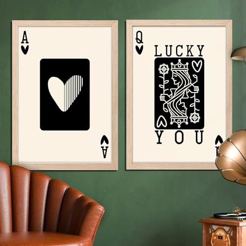 Image of NoWorries Typography Playing Cards Wall Art Framed Painting | Lucky Ace and Queen Heart Card Art Prints | Minimal Black & White Aesthetic Wall Decor | Premium 300 GSM Paper Print with Synthetic Wooden Frame | Modern Wall Art for Living Room, Bedroom & Office (Set of 2) (NATURAL, ART-5, 13X19INCHES)