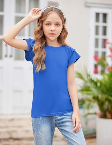 Image of Girls T Shirts Ruffle Short Sleeve Round Neck Loose Blouse Summer Solid Color Casual Girl Tee Tops for 3-12 Years
