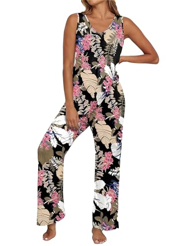 PrinStory Womens Pajama Sets 2 Piece Comfy Pjs Lounge Set S-3XL | Sleeveless Tops and Pants with Pockets Pajamas, Lightweight Summer Pj ,Soft Sleepwear,Breathable and Stretchy Fabric