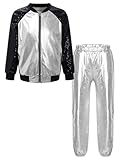 Kaerm Metallic Tanzbekleidung Mädchen Sportanzug Set Langarm Jacke Baseballjacke Mit Stehkragen High Waist Tanzhose Leggings Locker Streetwear Silber A 146-152