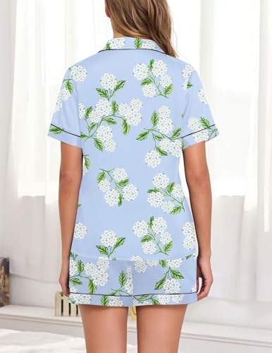 Image of Veseacky Women Satin Pajamas Set 2 Piece Button Down Short Sleeve Soft Sleepwear with Pockets