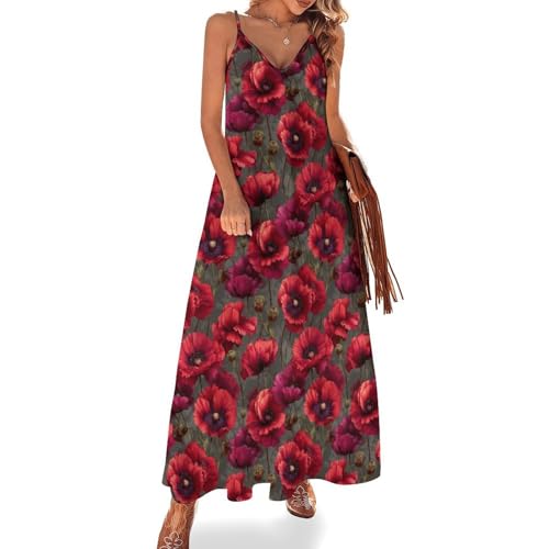gfdgagntw 3D Poppy Pattern Maxi Dresses for Women Sleeveless Dress Adjustable Strap Casual Women Dresses M