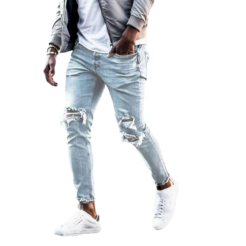 Jeans Pants Trouser Denim Ripped Elastic Tight Washed Blue Street Trendy Small Leg for Men