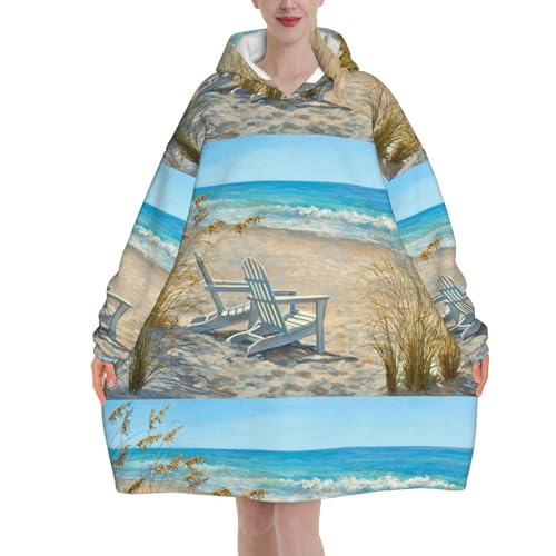 Sweat à capuche couverture en flanelle imprimé plage avec poches et manches unisexe