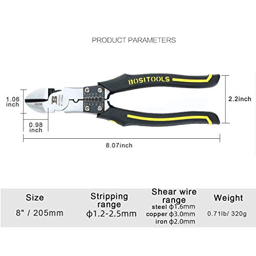 BOSI TOOLS Side Cutting Pliers, Industrial Pliers 8" with Wire Stripper/Crimper/Cutter Function, Heavy Duty Plier