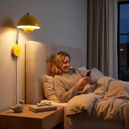Image of Mid-Century Modern Bud Plug in Wall Sconces for Bedroom, Lemon Yellow | Indirect lighting reading wall lamp, all-metal construction, plug-in or hardwired install, fits bedroom bedside, living room