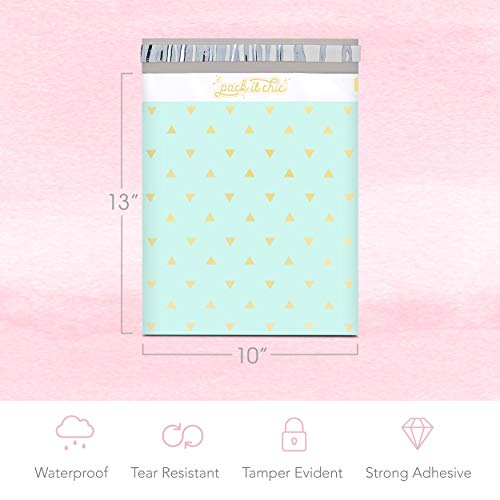 Pack It Chic - 10X13 (100 Pack) Mint Gold Triangles Poly Mailer Envelope Plastic Custom Mailing & Shipping Bags - Self Seal
