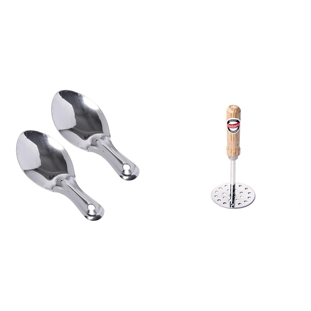 Embassy (Classic by Embassy) Idli Spoon, 5.1x12.7- cms(Silver)-Set of 2 & Embassy Vegetable/Potato/Pav Bhaji Masher with Wooden Handle, Size 3, Pack of 1, 8.5 cms