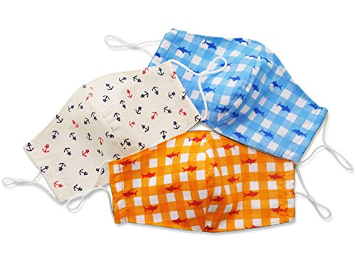 HOPE LOVE SHINE Cotton Face Masks w/Adjustable Ear Loops & Filter Pocket - Reusable, Breathable, Washable Cloth Mask - Fabric Masks for Girls & Boy (BLUE SHARK - 3 PCS)