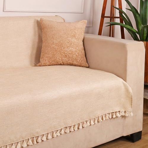 Image of STITCHNEST Jute Sofa Cover - Beige, 48x60 Inch | Soft Textured Fabric with Tassel| Full Coverage Sofa for Living Room Decor