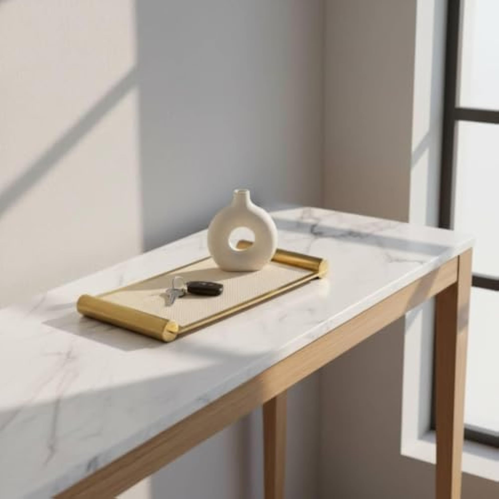 Rectangular Tray with Gold Frame, Woven-Look Decorative Tabletop Tray