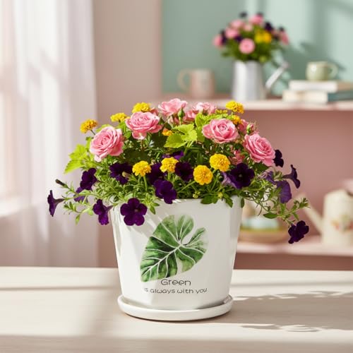 Image of Xtore Elegant Botanical Ceramic Planter with Drainage Tray | Minimalist Indoor Flower Pot for Home, Office Desk & Balcony Styling (White & Green Leaf Design -Planter only)