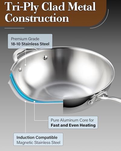 Cooks Standard Wok Pan Stainless Steel, 12-Inch Multi-Ply Clad Stir Fry Pan with Glass Lid, Induction Cookware, Silver - Thumbnail 3
