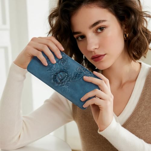 Image of Wallet Women Ultra Slim Thin Rfid 3D Embossed Vegan Leather Womens Wallet Clutch Long Ladies Wallet (05-Dark-Blue)