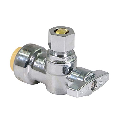 Image of Midline Valve VQBTD1214-5 Push-Fit Water Supply Stop Valve; One Piece Design; Angle Shut-off for Toilet, Sink, Dishwasher, Heater; 1 /2 in. Push x 1 /4 in. Comp; Chrome Plated Brass (5 Pack)