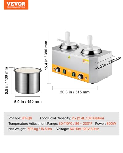 Image of VEVOR Electric Cheese Dispenser with Pumps, 2.4x2 L Commercial Hot Fudge Warmer, Plastic Double Pumps Dispenser, 86-230℉ Temp Adjustable Nacho Cheese Sauce Warmer, for Hot Fudge Cheese Caramel
