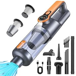 botatio Handstaubsauger, 26000 Pa Akku Staubsauger Kabellos, One-Touch Staubentleerung, Bürstenloser Motor, 4-in-1 Multifunktionaler Auto Staubsauger Stark, mit HD Display und LED Beleuchtung, Orange