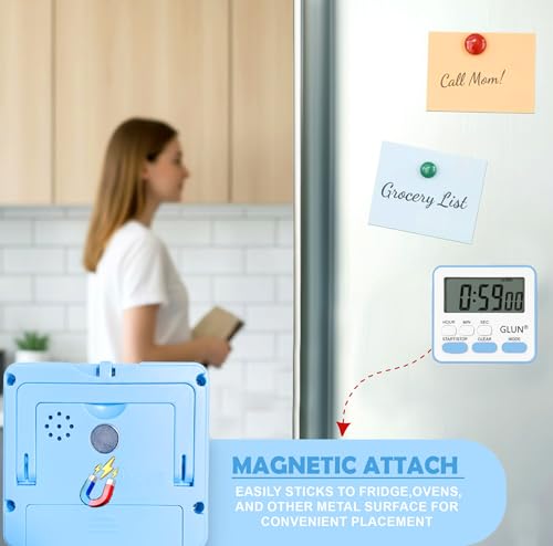 Image of GLUN Digital Kitchen Timer with Clear Loud Alarm for Cooking, Stop Watches Timer Clock with Alarm & Magnetic Back, LCD Backlit Display, Classroom for Kids & Teachers Blue Back