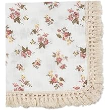 insular Cotton Muslin Baby Blanket with Tassel, Boho Bohemian Muslin Swaddle Blanket Baby Receiving Blanket with Fringe, Nursery Decor Throw or Nursing Blankets, 47" x40, Floral