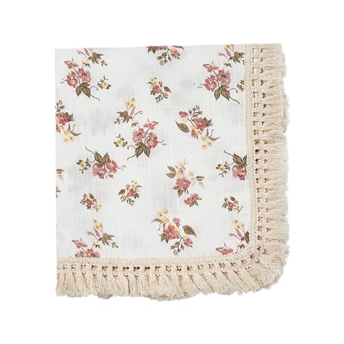 Image of insular Cotton Muslin Baby Blanket with Tassel, Boho Bohemian Muslin Swaddle Blanket Baby Receiving Blanket with Fringe, Nursery Decor Throw or Nursing Blankets, 47" x40”, Floral