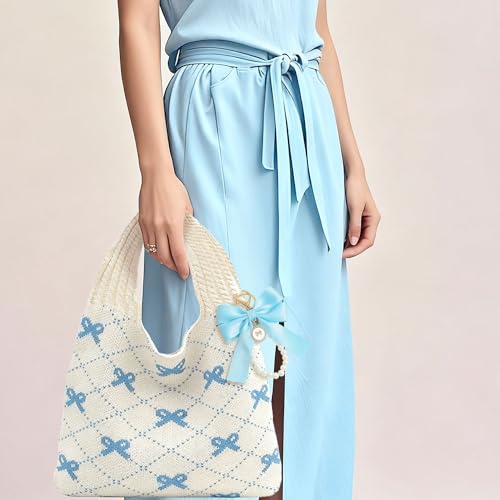 Image of JeVenis Pink Crochet Tote Coquette Bow Aesthetic Hobo Bag for Women Beach Mesh Knitted Shoulder Bag Boho Shoulder Handbag
