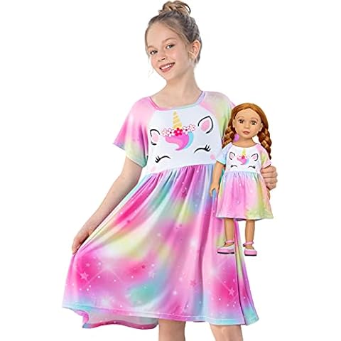 Play Tailor Doll and Girl Matching Nightgown Unicorn Outfit Pajamas Night Dress for Girls and 18" Dolls Clothes (Doll Not Included), 4-5T, Colorful Purple Cover