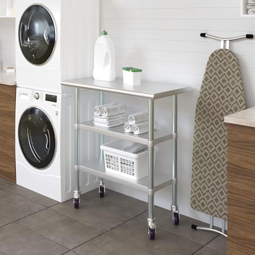 Image of AmGood Stainless Steel Work Table with 2 Shelves and Casters | Metal Utility Table On Wheels (Stainless Steel Work Table with 2 Shelves + Casters, 36 inch Long x 18 inch Deep)