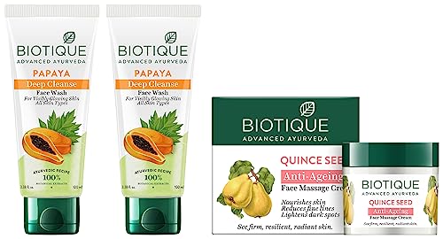 Image of Biotique Papaya Deep Cleanse Face Wash For Visibly Glowing Skin All Skin Types 2x100ml & Biotique Bio Quince Seed Nourishing Face Massage Cream For Normal To Dry Skin, 50G