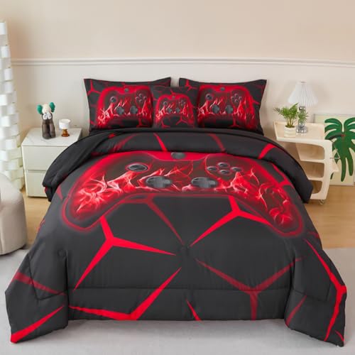 ZRNBAST 6 Pcs Twin Comforter Set for Boys Gamer Bedding Sets for Teens Kids Microfiber Game Console Comforter Set Red Flame Geometric Gaming Bed in a Bag with Sheets (Red,Twin)
