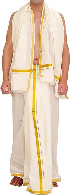 Kolakeer™ Men's 9x5 Panjakejam Dhoti with Angavastram - 3.3 Mtrs Dhoti with 1.5 Mtrs Angavastram