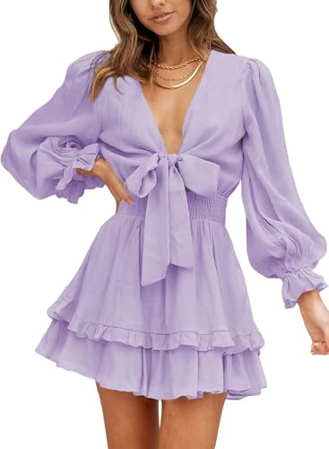 Image of Dokotoo Womens Casual Spring Fall 2025 Deep V Neck Knotted Tiered Chiffon Elegant Mini Short Swing Skater Dresses