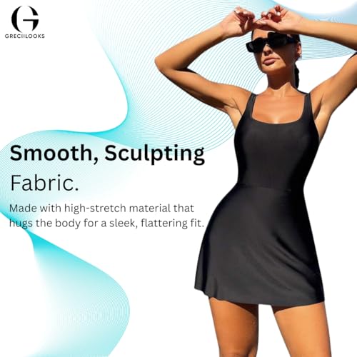 Image of GRECIILOOKS Women Lycra Frock Style Short Attached Padded One-Piece Swimming Costume | Solid Women Swimsuit | Womens Stretchable Swimwear