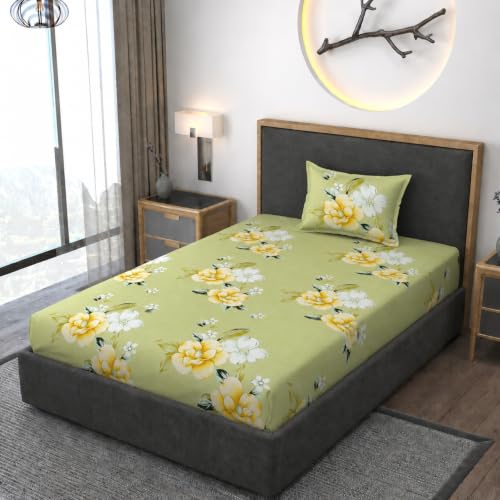 Image of Vaini Premium Heavy Cotton Elastic Fitted Bedsheets with 1 King Size Pillow Covers || Single Bed with All Around Elastic 350 TC || 36 x 78 x 6 Inch Single Size Fitted || :- Light Green Flower