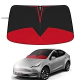 Black & Red Sunshade for Tesla Model 3/Y, Front Windshield Sun Visor Blocks UV & Heat, Quick-Fold Car Sun Shade with Storage Bag, Interior Protector Accessories(Red-Model 3-Y)