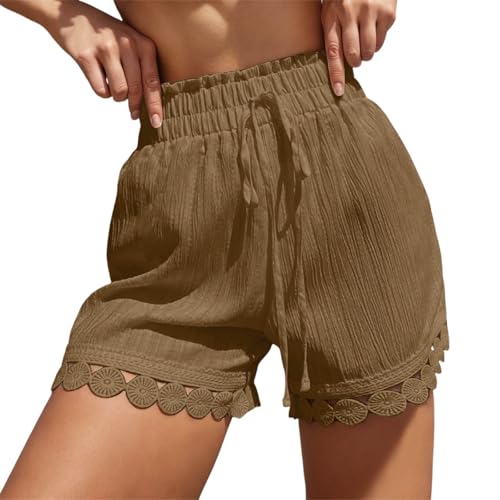 NVQIAREN Woman Shorts Casual Summer Beach 2026 Fashion Lace Trim Shorts Elastic Drawstring Waist High Rise Loose Fit Bottoms