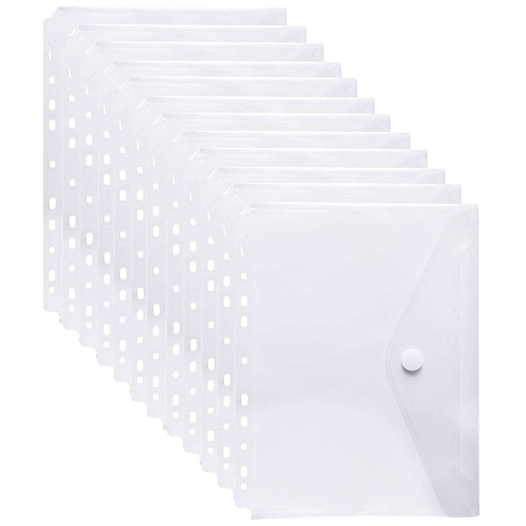 12 Packs Clear Binder Pockets for 11 Ring Loose Leaf Binder, Poly Envelopes with Hoop and Loop Closure Plastic Binder Pouch File Folders for Documents Paper Office Supplies, Letter Size