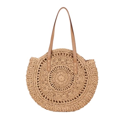 Round Straw Bags for Women Beach Straw Bag Woven Zipper Shoulder Tote Summer Bag Picnic Vacation Shopping