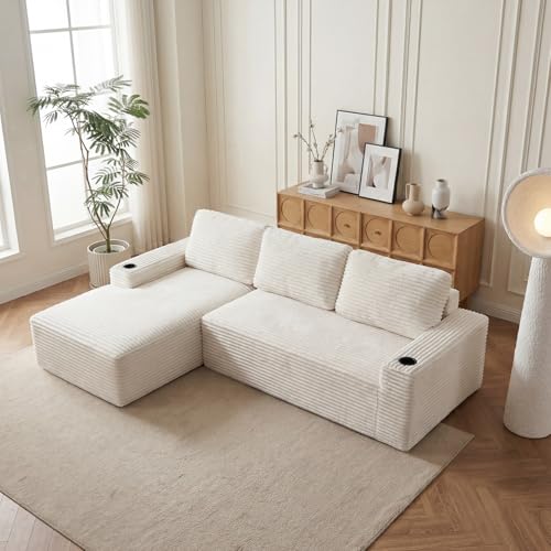 Image of 104 inch L Shaped Boneless Sectional Couches for Living Room, Comfy Corduroy Floor Cloud Sofa with Chaise and Cup Holder, Wide Armrest, Deep Seat, Assembly Free, Ideal for Small Spaces, Beige