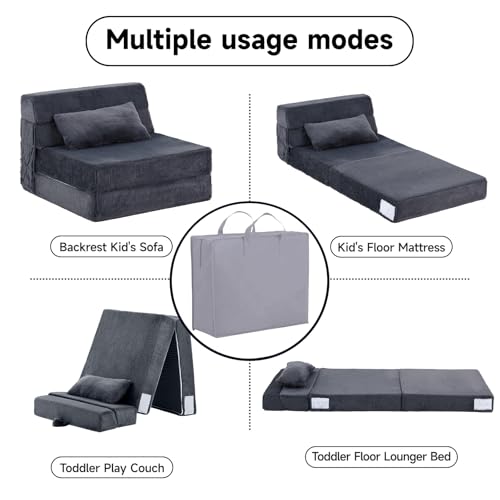 Image of Tiita Convertible Folding Kids Sofa Bed with Pillow & Storage Bag, Plush Fabric Floor Mattress Couch Bed, Washable Cover, Kids Room, Playroom, Dorm, Apartment, Navy