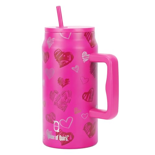 Image of House of Quirk 1500ML Stainless Steel Mug Tumbler with Handle & Straw Lid - Large Water Bottle for Men & Women (Rose Heart)