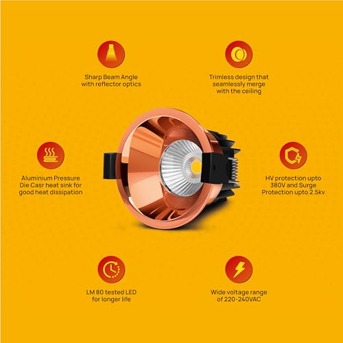 Image of Wipro 7 Watt Alpha Trimless Gold COB | Warm White (2700K) | Aluminium PDC Heat Sink | Sharp Beam Angle with Reflector for Home, Office and Store Cabinet Display | Pack of 6