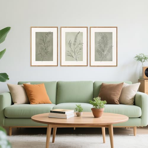 CHDITB Botanical Sage Leaf Framed Canvas Wall Art Set of 3, Minimalist Wall Decor, Boho Nature Floral Greenery Wall Painting, Neutral Botanical Plant Art Prints for Dining Room Bedroom Decor 12”X16” - 3