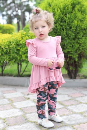 Image of Arshiner Toddler Girl Clothes Ruffle Trim Long Sleeve Pullover Top and Floral Print Leggings Fall Outfits Kids Clothing Sets