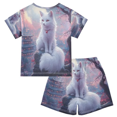 ALAZA Fox Tower Blossom Branch Pajamas Set Short Sleeve Cotton Sleepwear Summer Pjs 2 Piece 5-14Y2