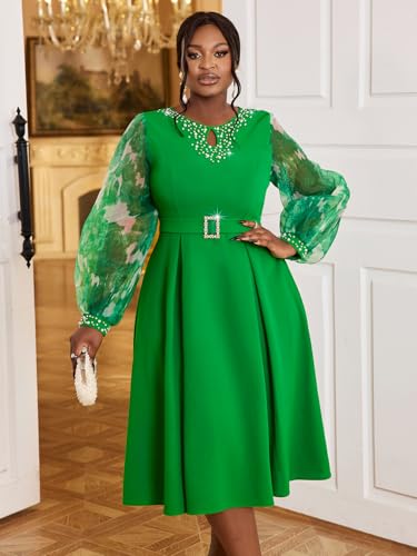 AOMEI Women's Long Lantern Sleeve Beaded Round Neck A-line Midi Dress for Church Evening Party2